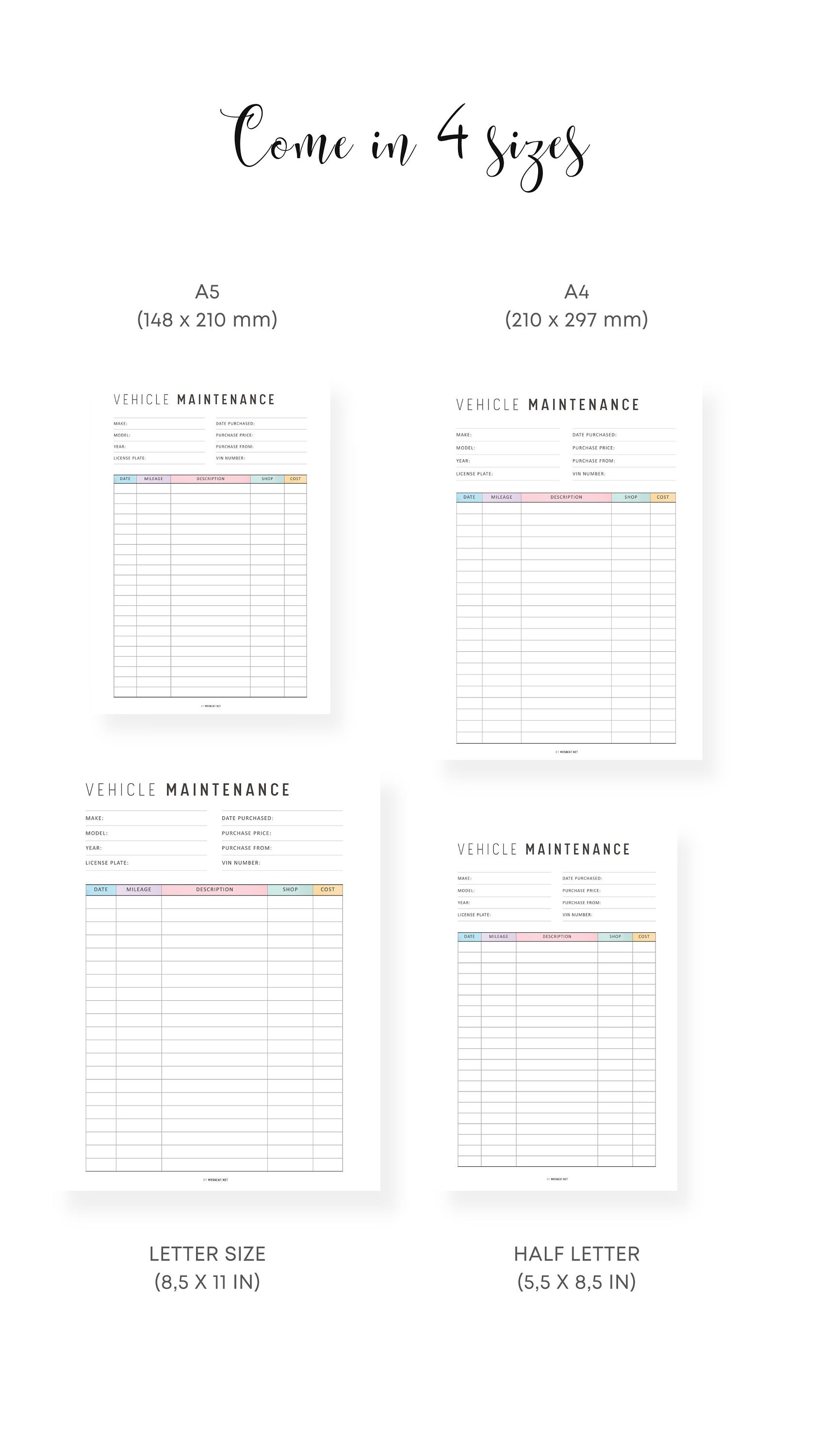 FILLABLE Vehicle Maintenance Log: Colorful Car Service Record PRINTABLE ...