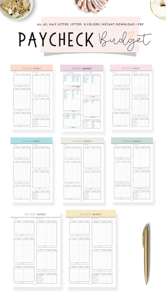 FILLABLE Paycheck Budget Planner: Weekly/Bi-Weekly, 8 Colors (PDF)