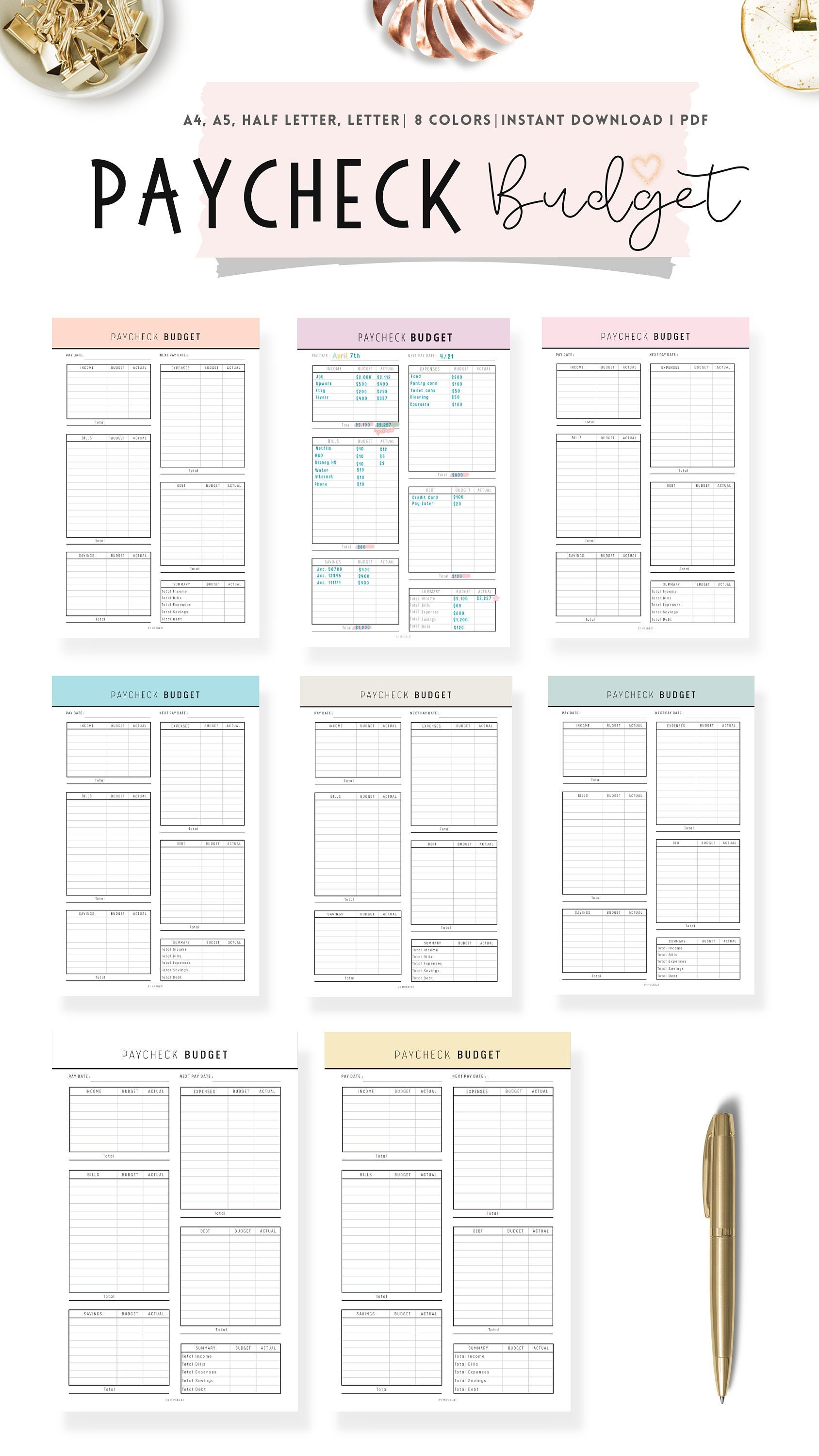Paycheck Budget, Budget by Paycheck, Paycheck Template, Weekly Budget, Paycheck Planner, Paycheck Tracker, Bi Weekly Budget, 8 Colors, PDF