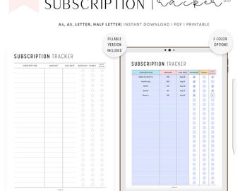 Subscription Tracker PRINTABLE: FILLABLE Expense Checklist (A4/A5/Letter/Half Letter)