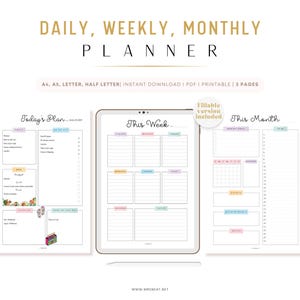 May include: A printable daily, weekly, and monthly planner in A4, A5, letter, and half letter sizes. The planner has a colorful design with pastel colors and includes a fillable version.