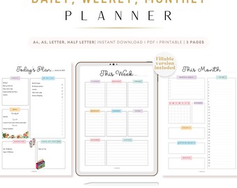 PRINTABLE Planner Bundle: Daily, Weekly, Monthly, A4/A5/Letter/Half Letter (FILLABLE PDF)