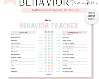 May include: A printable behavior tracker chart with a pastel color scheme. The chart is titled "Maris's Behavior Tracker" and includes a list of behaviors and corresponding consequences. The chart is designed for use by parents or teachers to help children learn and improve their behavior.