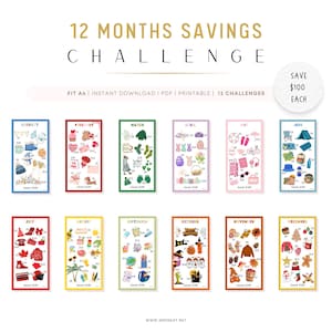 Puede incluir: Un desafío de ahorro imprimible de 12 meses con ilustraciones para cada mes. Cada tarjeta mensual presenta imágenes temáticas y cantidades de ahorro. El texto dice "12 Months Savings Challenge" y "Ahorra $100 cada uno".