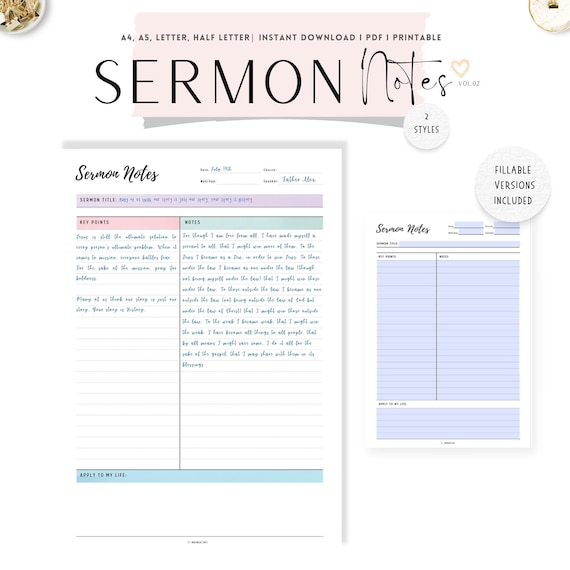 FILLABLE Sermon Notes Journal PRINTABLE: 2 Styles (A4, A5, Letter, Half Letter)