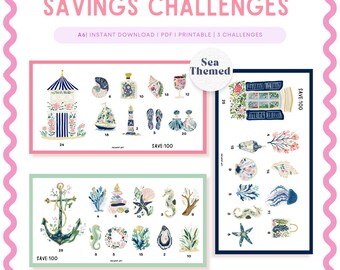 Set of Three A6 Mini Savings Challenges Sea Themed, Low Income Savings, PDF