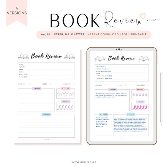 Printable Book Review Template: Reading Journal Page, 4 Versions (PDF)