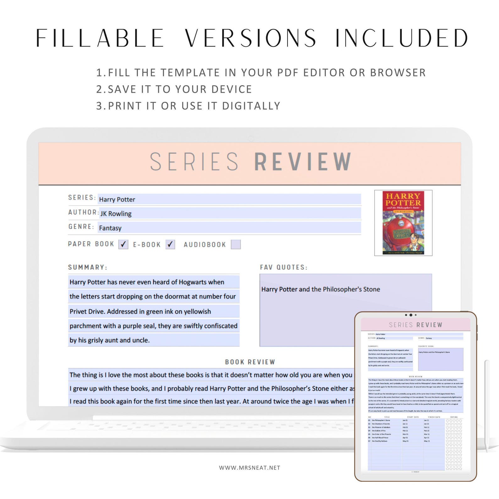 FILLABLE Book Series Review Template, PRINTABLE: 2 Versions, 5 Colors ...