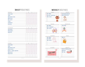 May include: A two-page printable planner featuring a Daily Routines chart with morning, afternoon, and evening sections, and a Weekly Routines chart with daily tasks, illustrated self-care icons, and checkboxes for tracking personal habits.