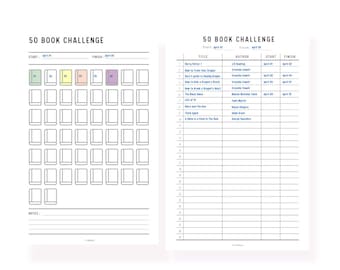 May include: A printable 50 Book Challenge planner featuring two pages. The left page has 50 book icons with colored squares, and the right page is a table for titles, authors, start, and finish dates. Text includes A4, A5, Letter, Half Letter, Instant Download, PDF, Printable, 2 Pages, 4 Versions, 50 Book Challenge, Start, Finish, Title, Author, Notes, and MrsNeat.