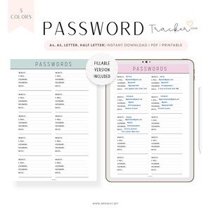 Plantilla rellenable de seguimiento de contraseñas, imprimible, organizador de contraseñas, guardador de contraseñas, grabador de contraseñas, A4, A5, carta, media carta, 5 colores