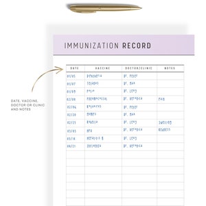 May include: A printable immunization record chart with columns for date, vaccine, doctor or clinic, and notes. The chart is filled with sample entries for various vaccines, including Diphtheria, Tetanus, Polio, Pneumococcal, Rotavirus, Mumps, Rubella, HPV, Hepatitis B, and Influenza.