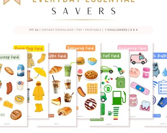 Everyday Essentials Savings Challenge Bundle, 7x 100 Cash Stuffing Trackers, Printable Budget Binder A6