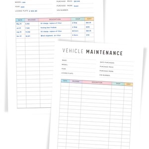 Colorful Vehicle Maintenance Printable, Vehicle Maintenance Log, PDF ...