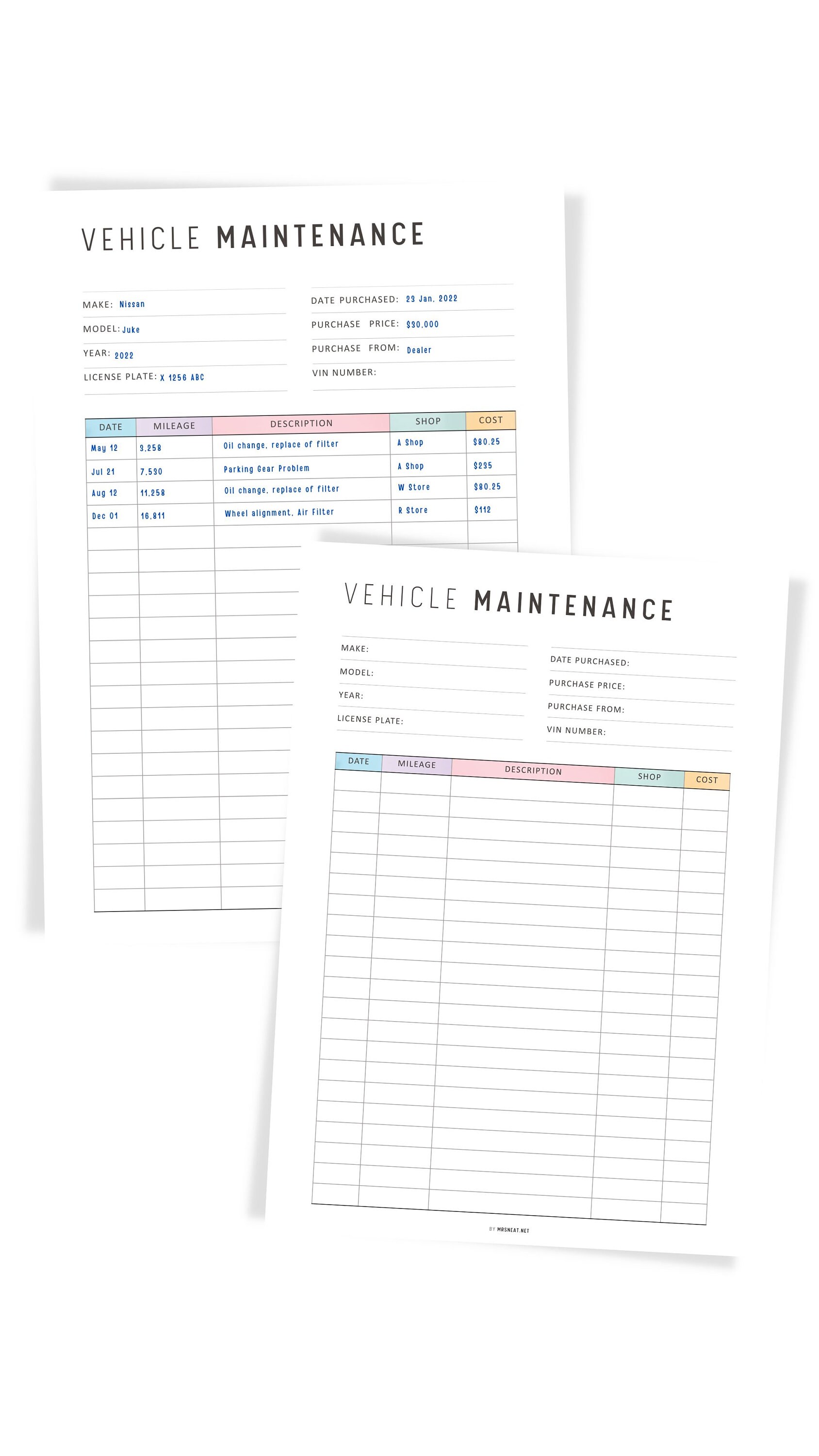 Colorful Vehicle Maintenance Printable, Vehicle Maintenance Log, PDF ...