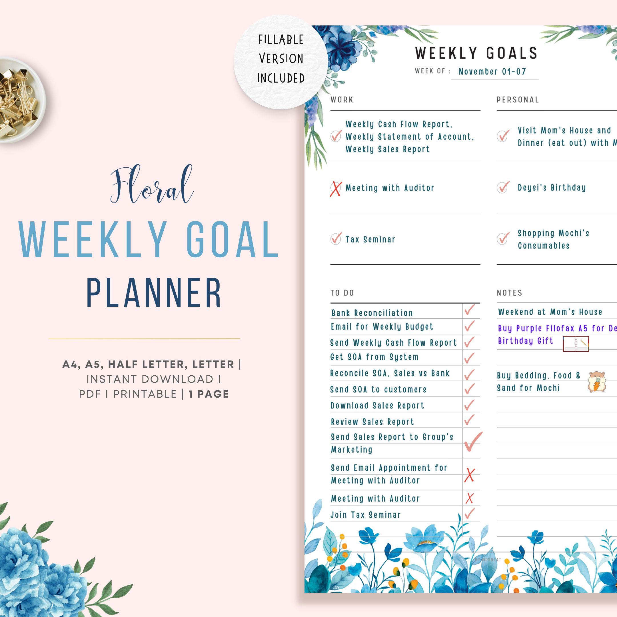 Fillable Weekly Goal Planner Printable, Productivity Planner, Weekly To Do List, Week at a glance, Weekly Agenda, A4/A5/Letter/Half Letter