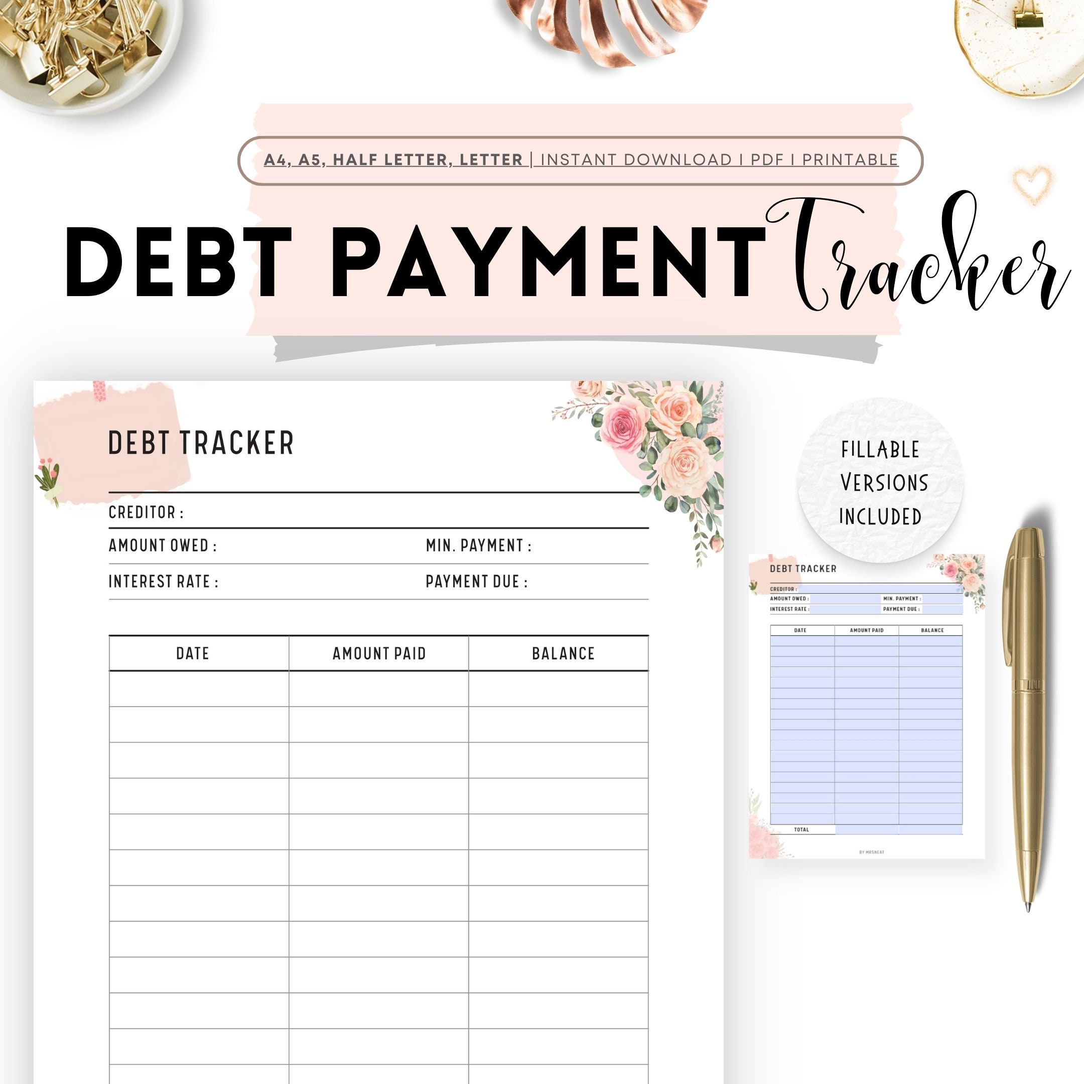 Debt Progress Floral Debt Payment Tracker Printable, Debt Tracker Printable, Debt ...