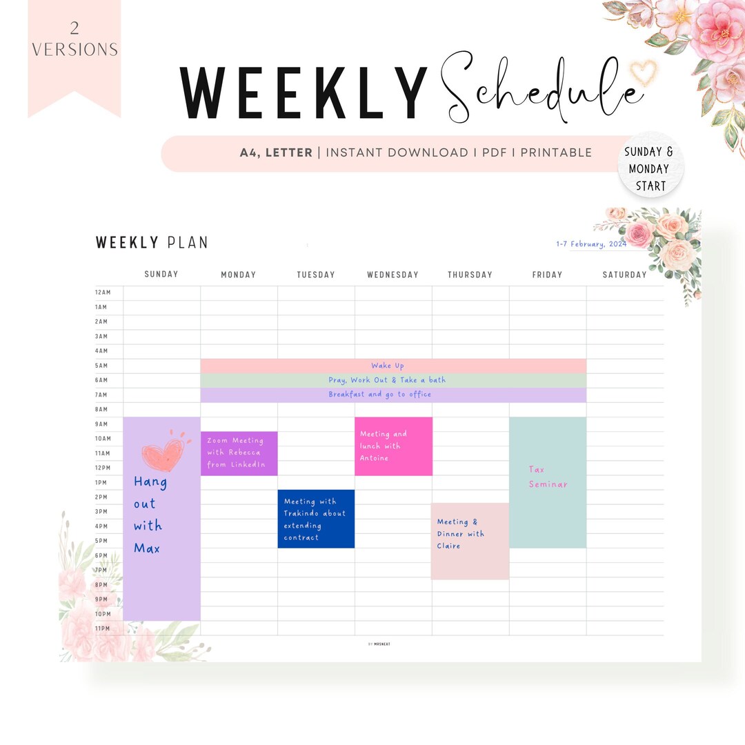 Floral Hourly Weekly Schedule Printable Landscape Planner Etsy