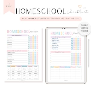 Lista de verificación para educación en el hogar para rellenar e imprimir, planificador de educación en el hogar, horario diario para niños, rutina del día escolar, plantilla para estudiantes, A4/A5/Carta/HL