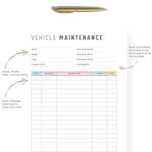 Colorful Vehicle Maintenance Printable, Vehicle Maintenance Log, PDF ...