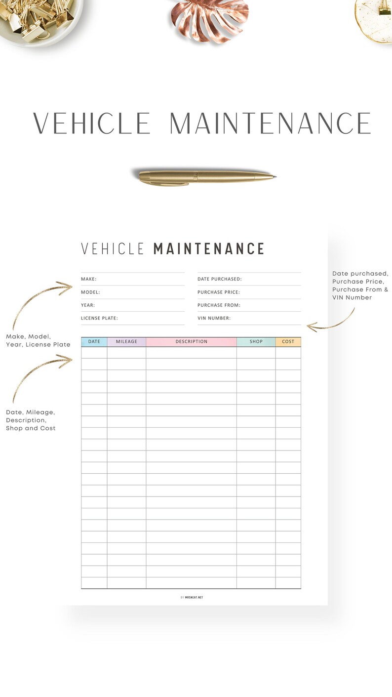 Colorful Vehicle Maintenance Printable, Vehicle Maintenance Log, PDF, A4, A5, Letter, Half ...