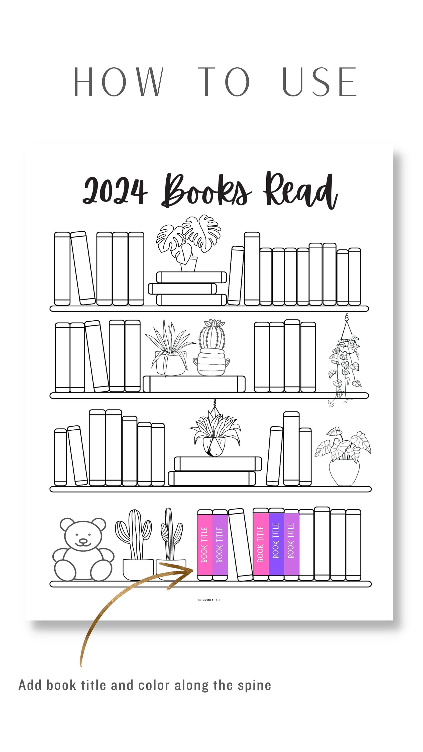 Bookshelf Reading Tracker Printable, 2024 Books Read, 50 Books Read