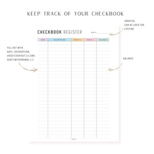 May include: A printable checkbook register template with a light pink, light blue, and light yellow color scheme. The template includes columns for date, description, credit, debit, and balance. The text "KEEP TRACK OF YOUR CHECKBOOK" is at the top of the page. The text "CHECKBOOK REGISTER" is in a larger font size and is centered on the page. The text "UNDATED, CAN BE USED FOR LIFETIME" is in the top right corner of the page.