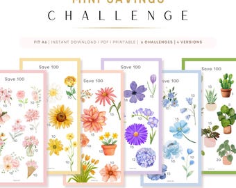 PRINTABLE Mini Savings Challenges: A6 Planner Inserts (PDF), Floral Theme, 4 versions