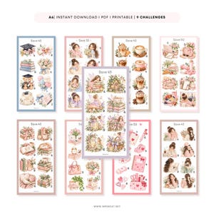 Puede incluir: Una colección de nueve hojas de desafío en PDF imprimibles tamaño A6 con ilustraciones en acuarela de libros, flores, café, hadas y papelería. Cada hoja incluye secciones numeradas con objetivos de ahorro como Save 45 o Save 50.