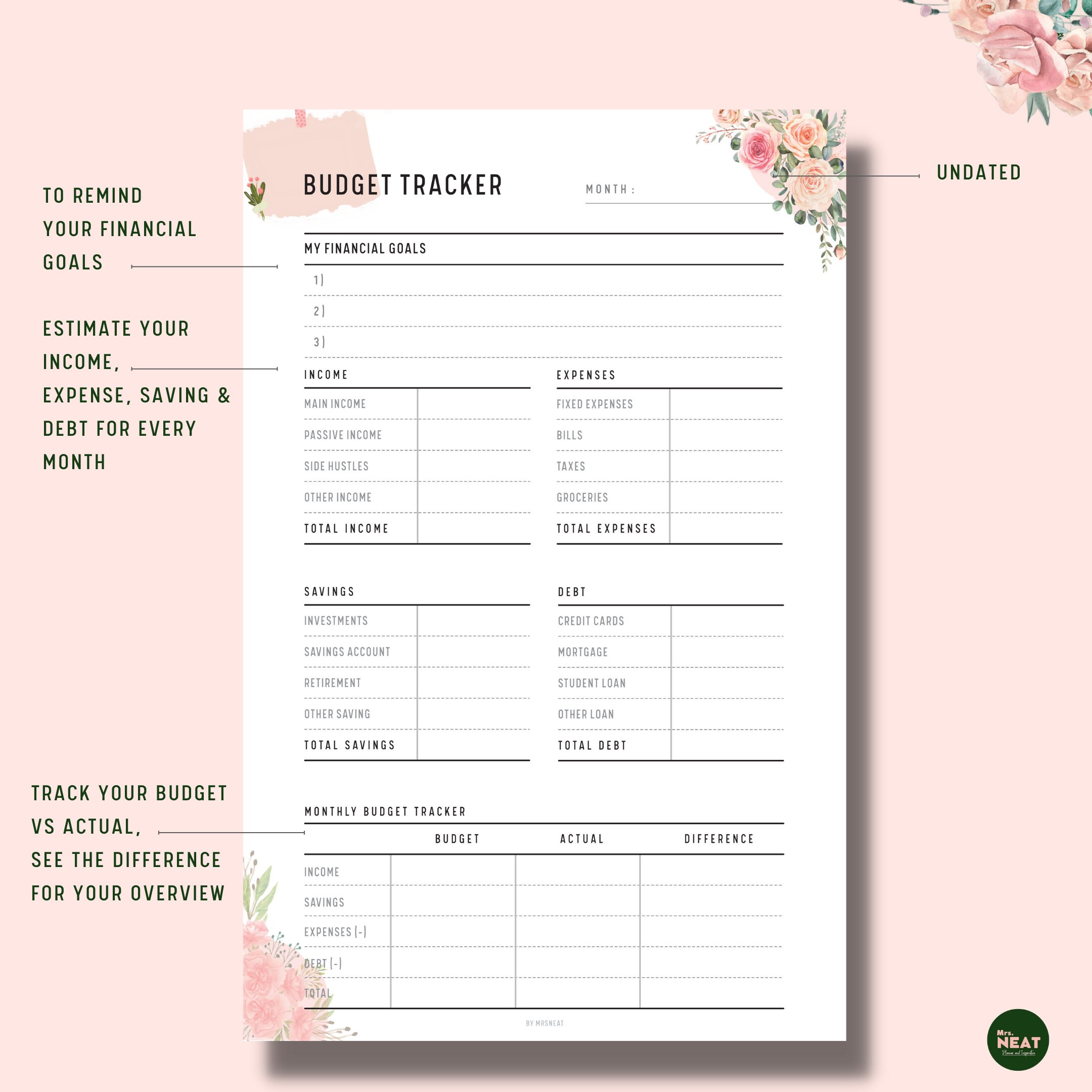 Floral Monthly Budget Tracker Printable, Monthly Financial Planner, A4 ...