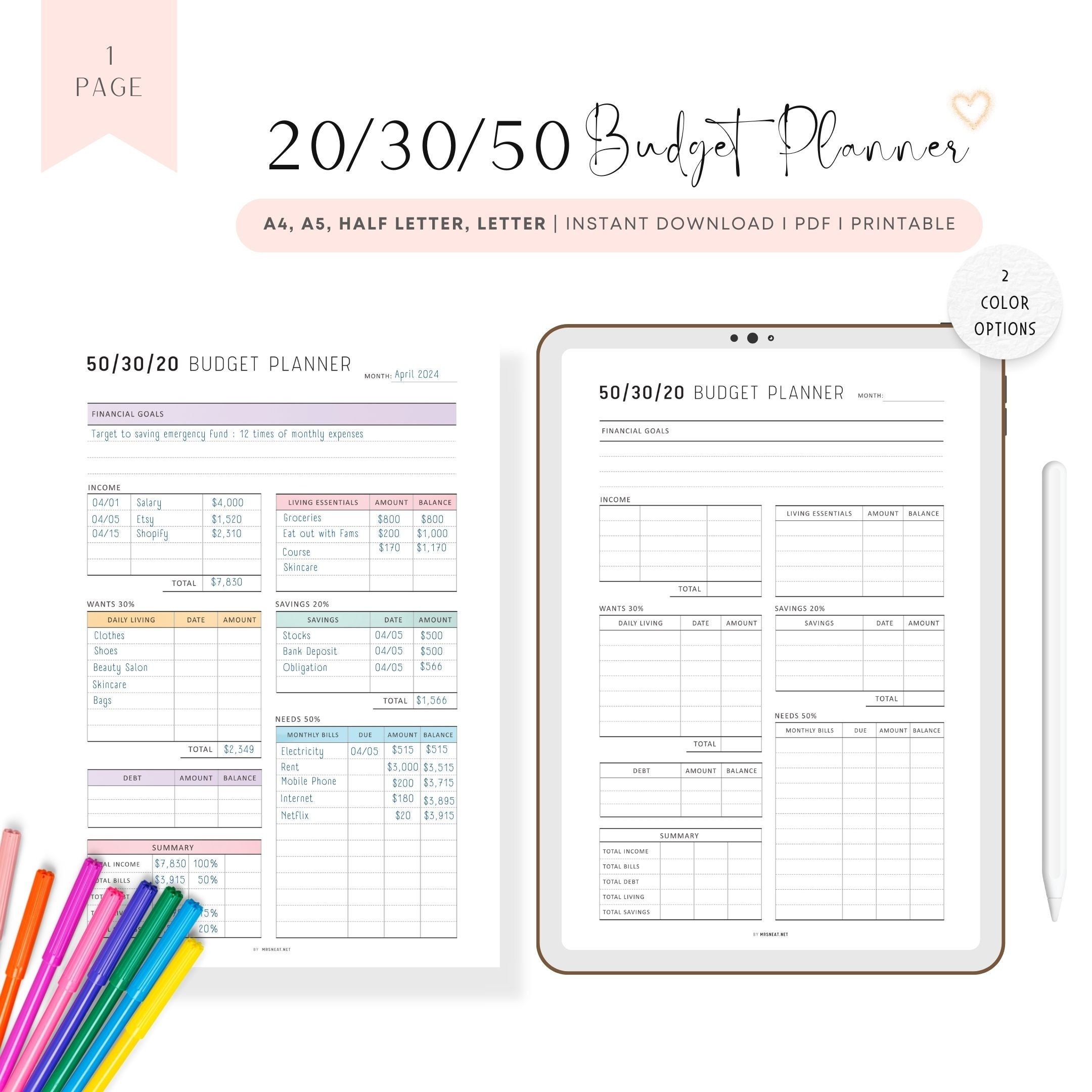 50/30/20 Budget Planner, Budget Tracker, Budget Template, Budget Ramsey, Budget Book, Finance Tracker, Budget Binder, Budget Printable, PDF