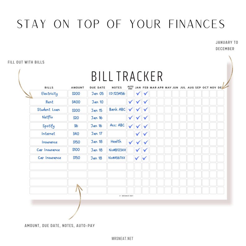 Fillable Yearly Bill Payment Tracker, Printable Bill Tracker, Bill ...