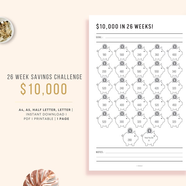 10000 Savings Challenge in 26 Weeks, Save 10000 in 26 weeks, 26 weeks savings challenge, PDF, Multiple sizes