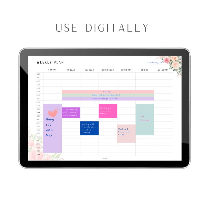 Floral Hourly Weekly Schedule Printable Landscape Planner Etsy