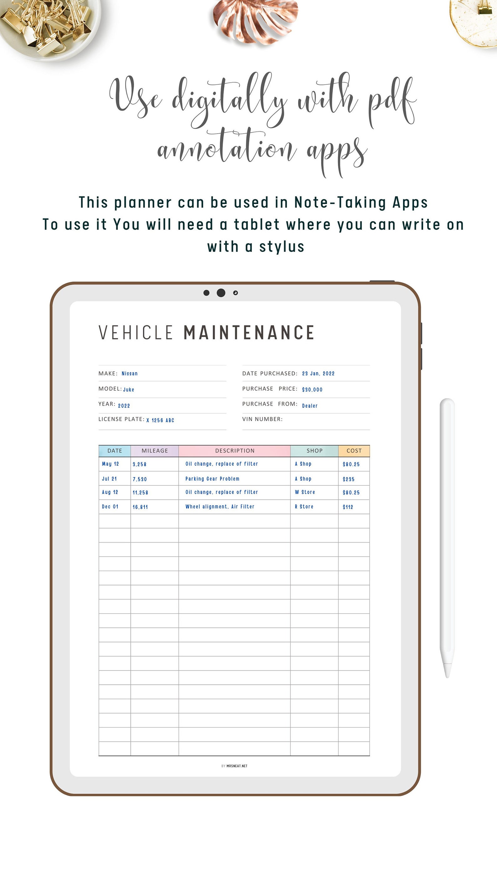 Colorful Vehicle Maintenance Printable, Vehicle Maintenance Log, PDF ...
