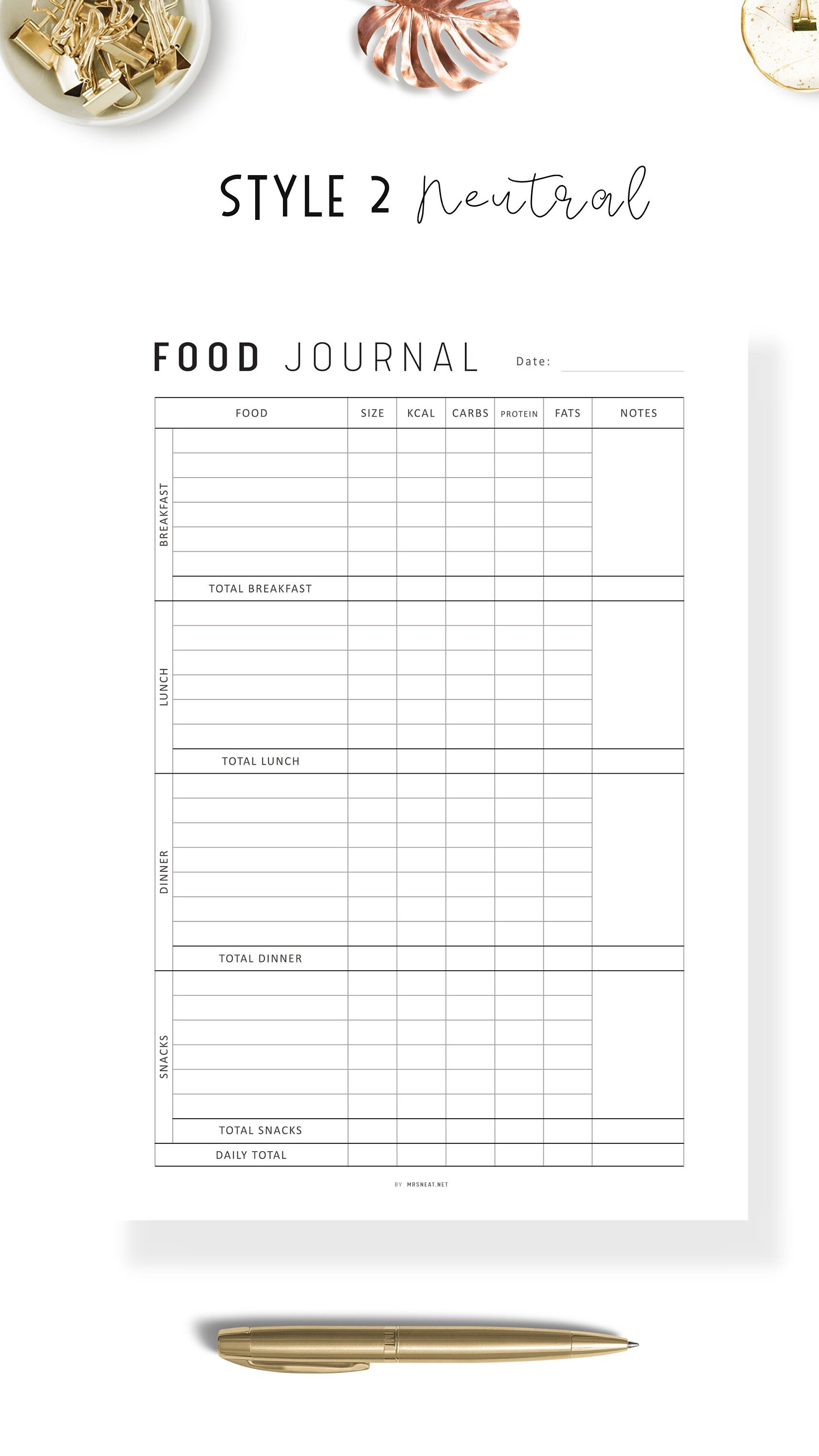 Daily Food Diary PRINTABLE, Food Journal, Minimalist Daily Calorie Tracker, Daily Calorie ...