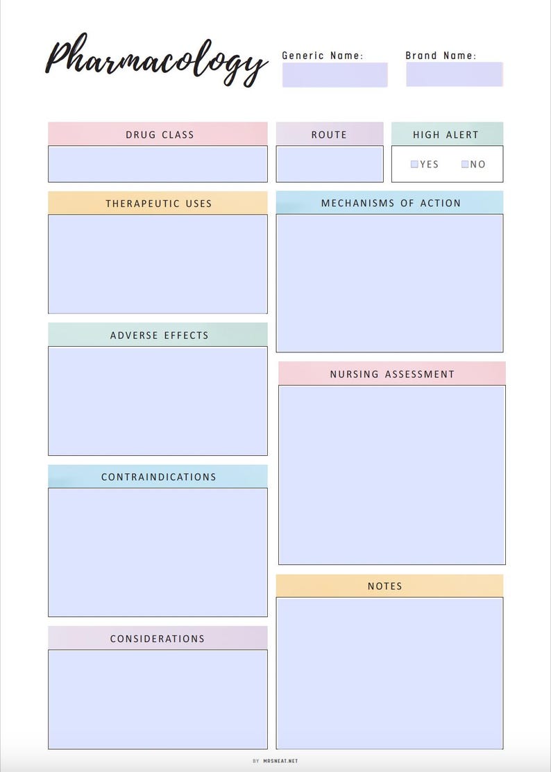 Pharmacology Notes Template, Fillable Nursing Drug Card (printable PDF ...