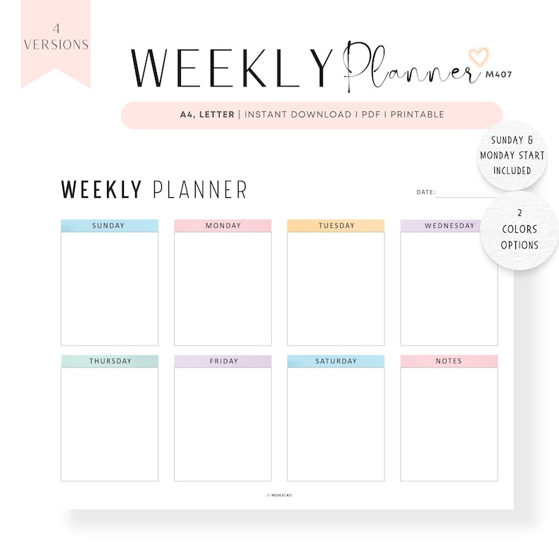 Minimalist Weekly Planner PRINTABLE: Landscape A4, Letter (FILLABLE PDF ...