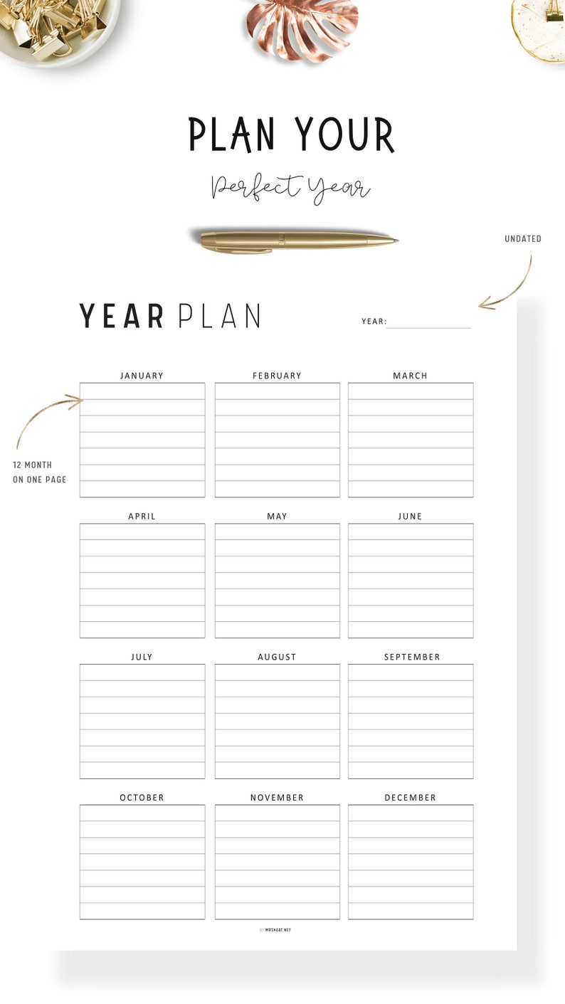 PRINTABLE Minimalist Yearly Planner: FILLABLE Overview, Undated, 2 Colors, A4/a5/letter/half ...