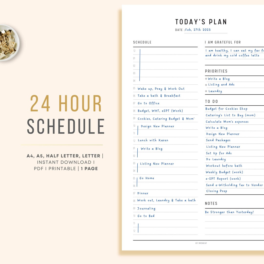 24 Hour Planner Printable, Hourly Schedule, Time Blocking, Daily ...