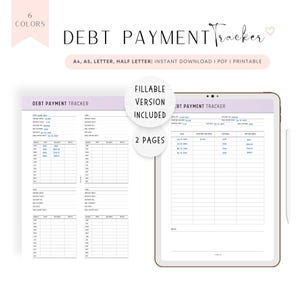 Rastreador de pago de deudas imprimible, rastreador de pago de deudas rellenable, planificador de pago de deudas, 2 páginas, PDF, A4, A5, carta, media carta, 6 colores