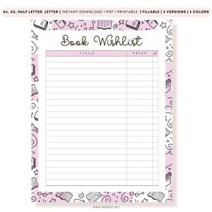 Book Wishlist PRINTABLE: FILLABLE Reading Log, Bookish Planner (Digital Download)