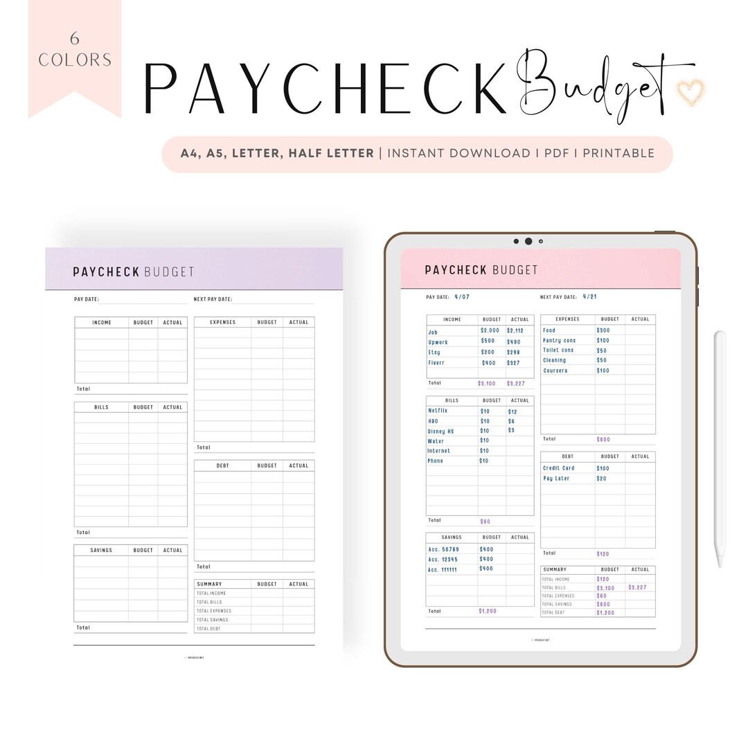FILLABLE Paycheck Budget PRINTABLE: Monthly Budget Planner, 6 Colors
