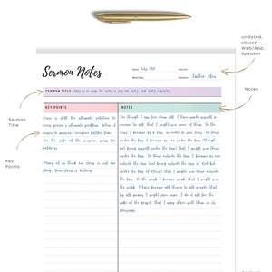 Printable sermon notes template showing structured sections for scripture, reflections, and sermon key points for Bible study