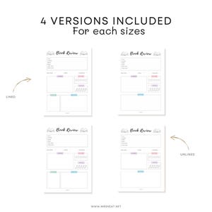 Book Review Template PRINTABLE, Book Review Journal, Book Review Page, Reading Journal Page, 4 Versions, A4, A5, Letter, Half Letter, PDF
