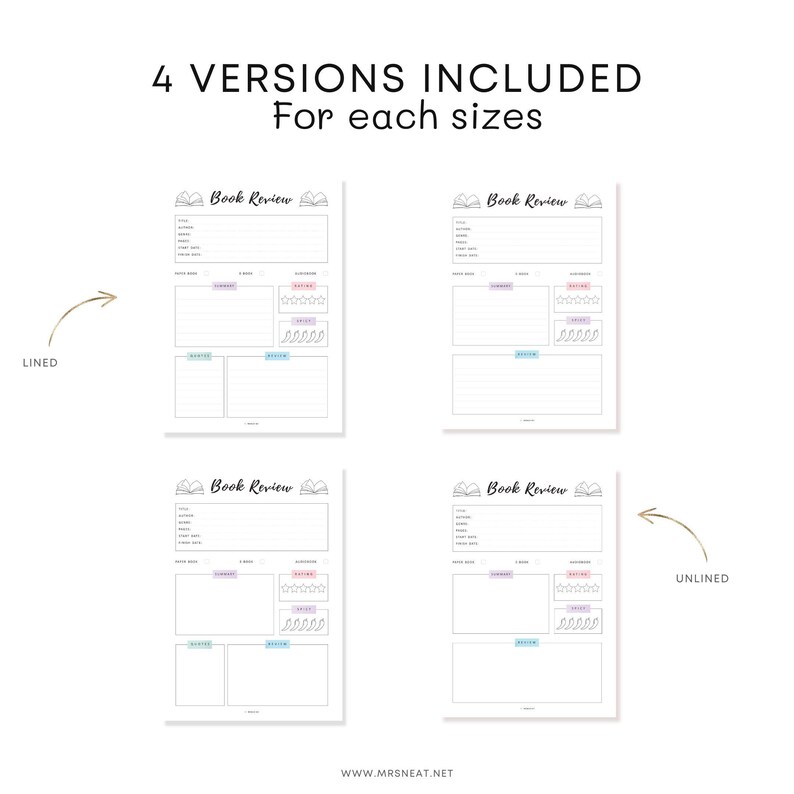 Book Review Template PRINTABLE, Book Review Journal, Book Review Page, Reading Journal Page, 4 Versions, A4, A5, Letter, Half Letter, PDF