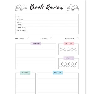 Book Review Template PRINTABLE, Book Review Journal, Book Review Page, Reading Journal Page, 4 Versions, A4, A5, Letter, Half Letter, PDF