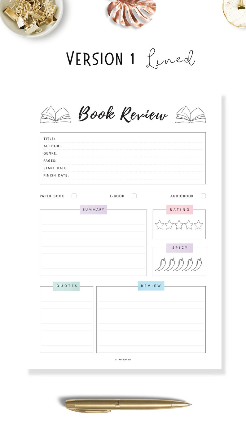 Book Review Template PRINTABLE, Book Review Journal, Book Review Page, Reading Journal Page, 4 Versions, A4, A5, Letter, Half Letter, PDF
