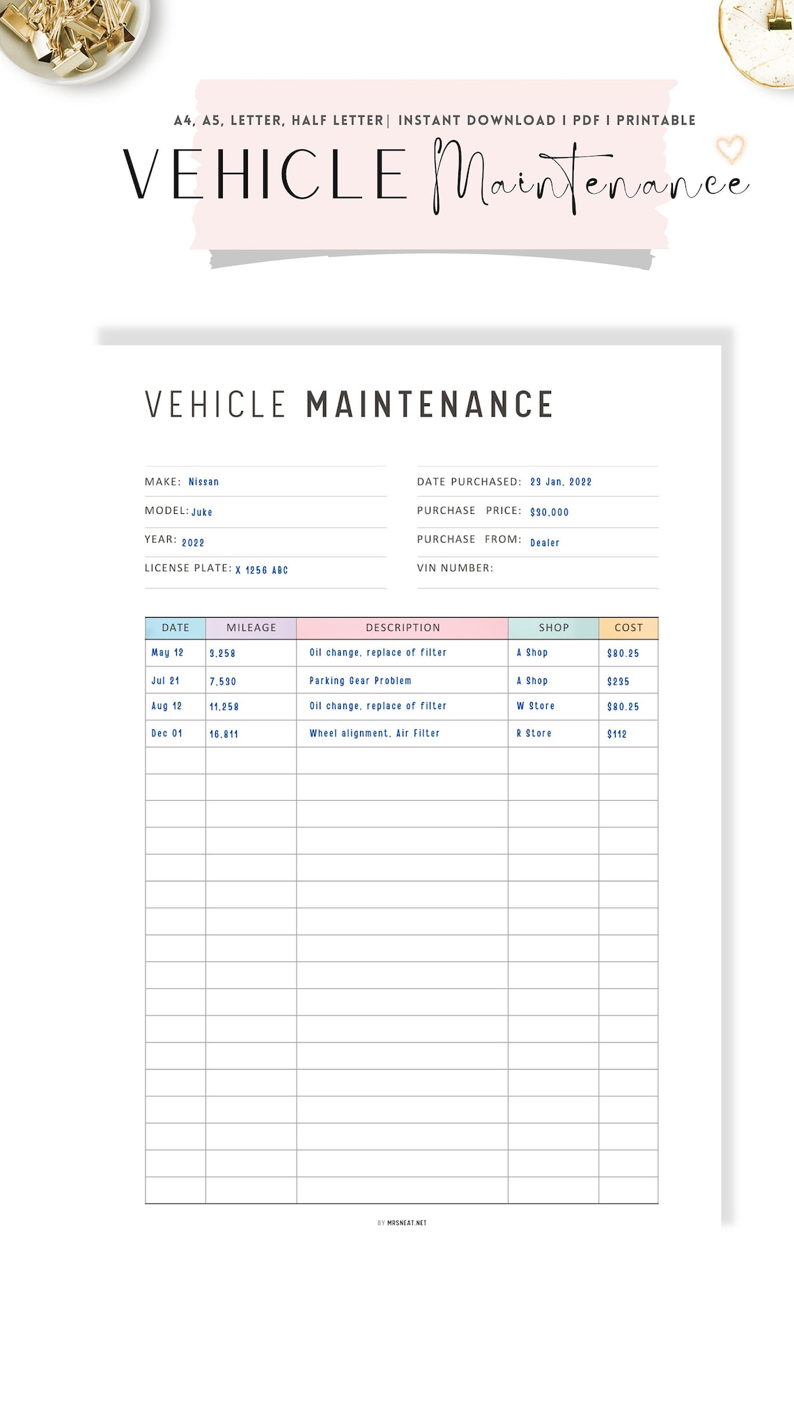 Colorful Vehicle Maintenance Printable, Vehicle Maintenance Log, PDF ...