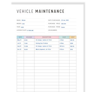 Colorful Vehicle Maintenance Printable, Vehicle Maintenance Log, PDF ...